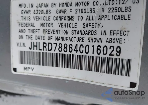 2004 Honda Cr-V Ex z USA, uszkodzony, nr VIN JHLRD78864C016029